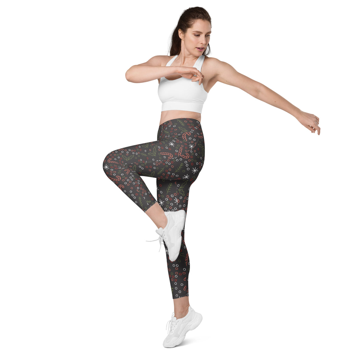 Women’s Christmas Holly & Candy Cane Yoga Leggings With Pockets – High-Waisted, Soft Compression Active Pants