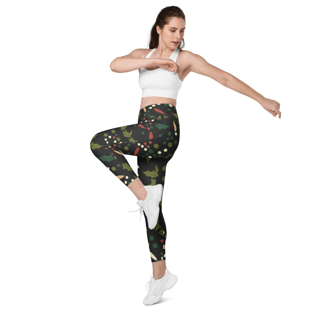 Women’s Christmas Holly Berry Yoga Leggings With Pockets – High-Waisted, Soft Compression Active Pants