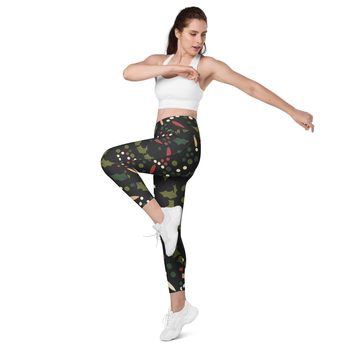 Women’s Christmas Holly Berry Yoga Leggings With Pockets – High-Waisted, Soft Compression Active Pants