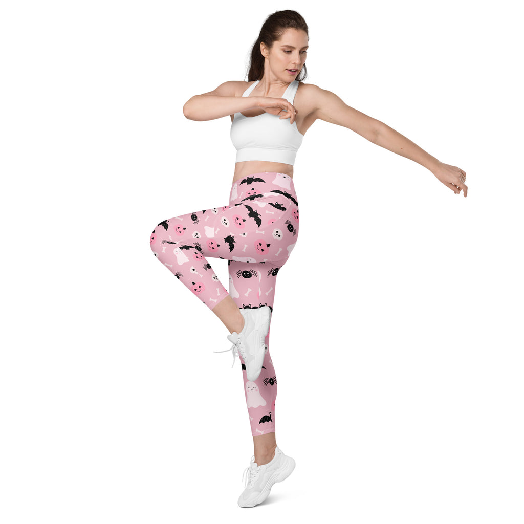 Women’s Pink Halloween Leggings With Pockets – High-Waisted, Soft Compression Active Pants