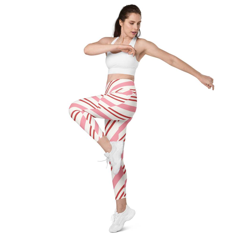 Women’s Pink Candy Cane Stripe Leggings With Pockets – High-Waisted, Soft Compression Active Pants