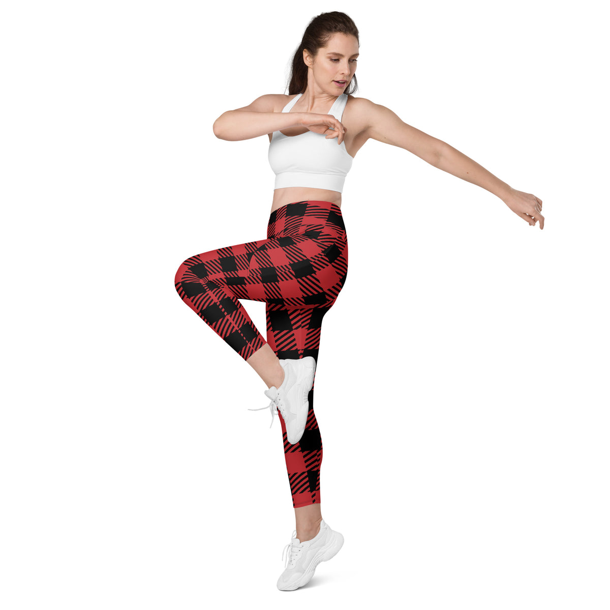 Women’s Red & Black Buffalo Plaid Leggings With Pockets – High-Waisted, Soft Compression Active Pants