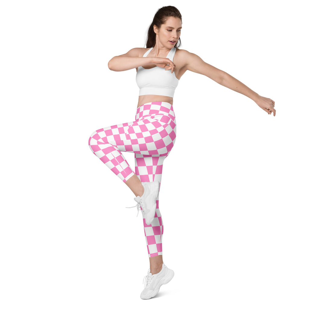 Women’s Pink Checkered Leggings With Pockets – High-Waisted, Soft Compression Active Pants