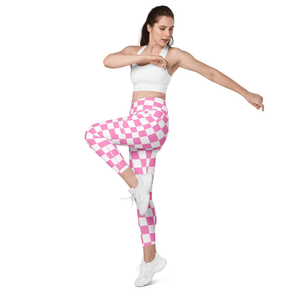 Women’s Pink Checkered Leggings With Pockets – High-Waisted, Soft Compression Active Pants