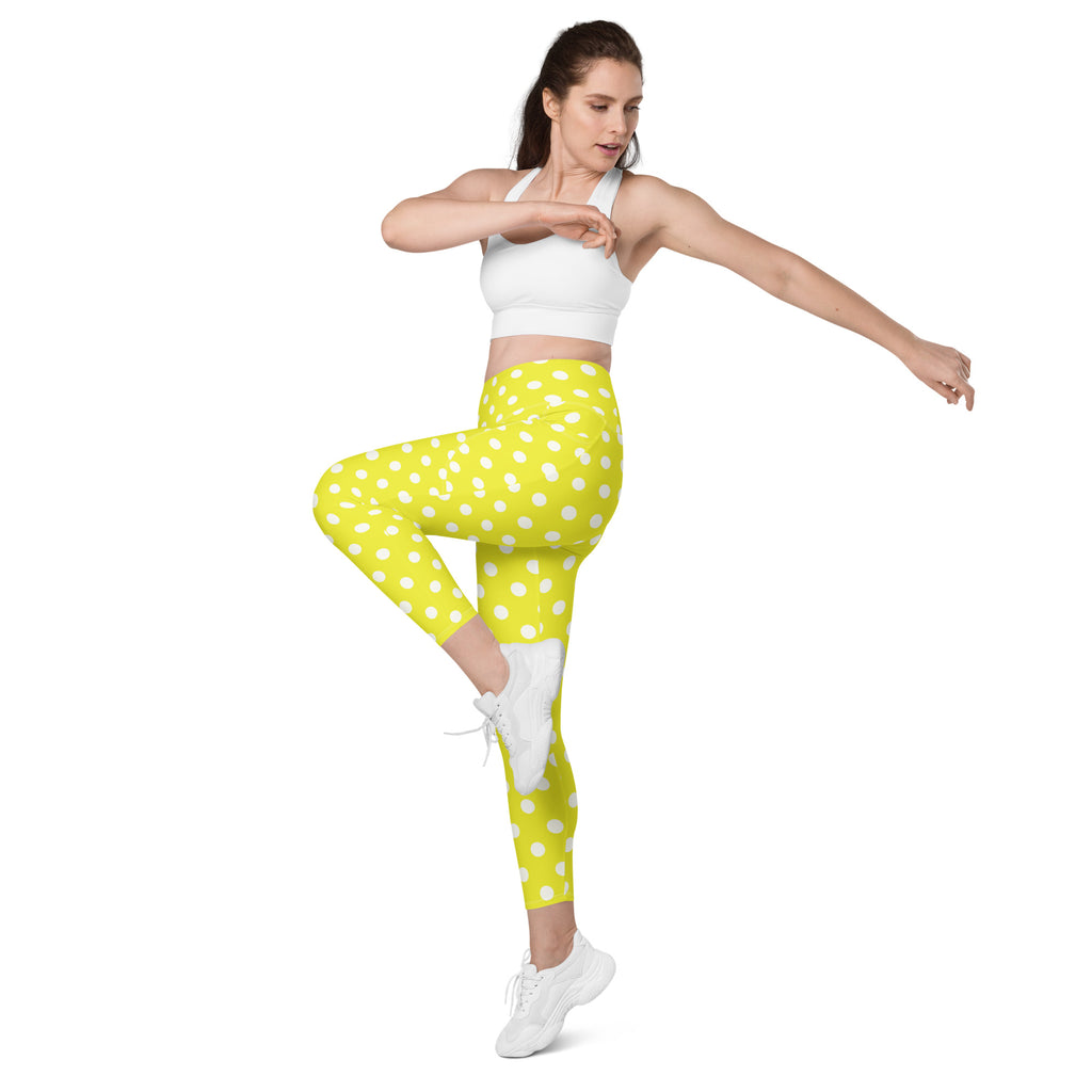 Women’s Yellow Polka Dot Leggings With Pockets – High-Waisted, Soft Compression Active Pants