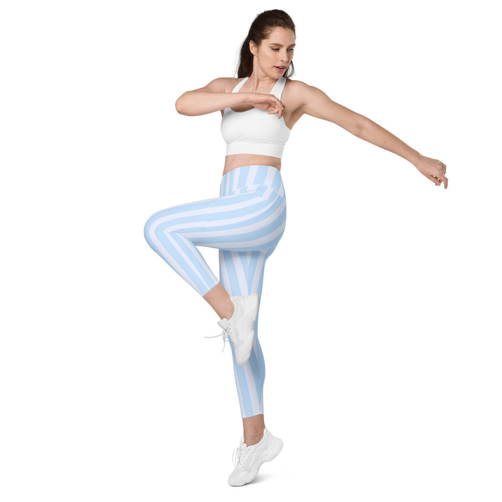 Women’s Light Blue Striped Leggings With Pockets – High-Waisted, Soft Compression Active Pants