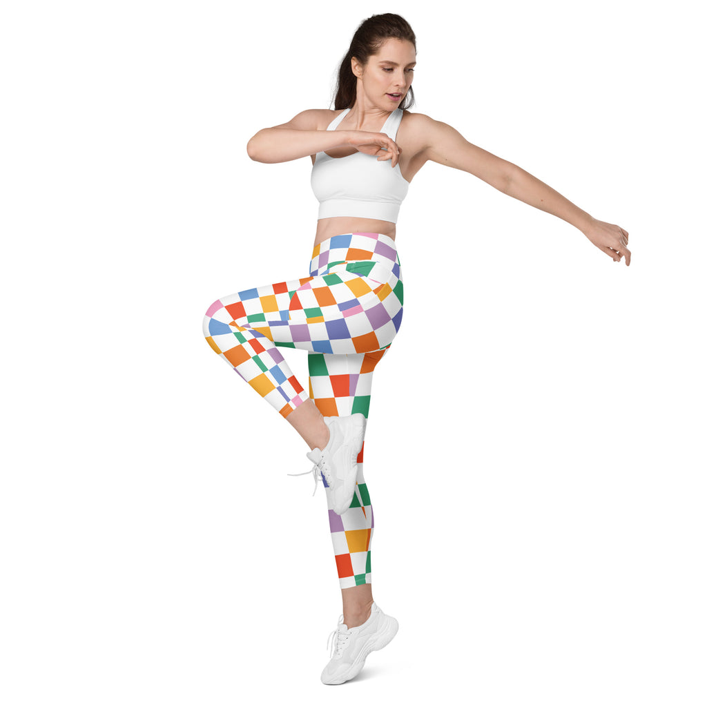Women’s Colorful Checkered Yoga Leggings With Pockets – High-Waisted, Soft Compression Active Pants