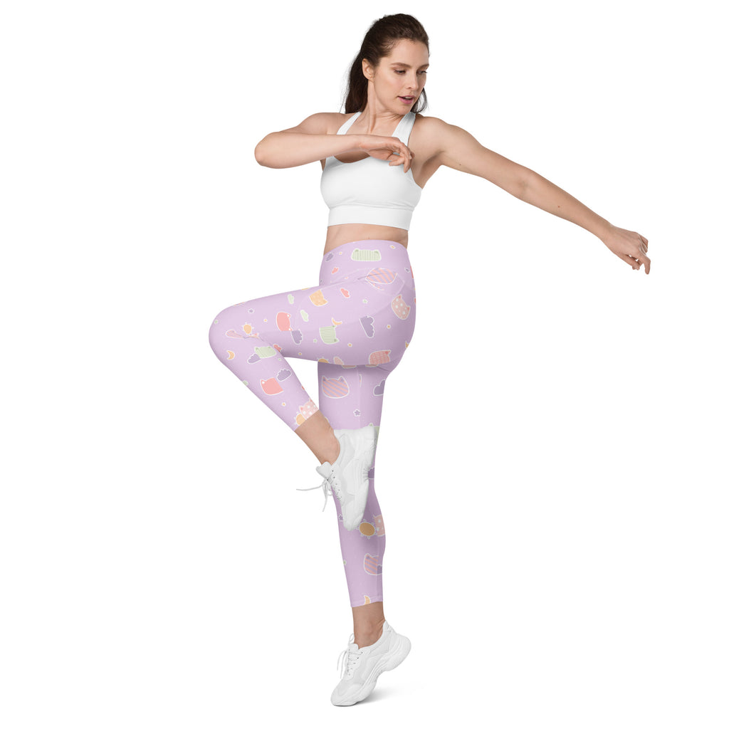 Women’s Pastel Purple Kawaii Cats & Clouds Yoga Leggings With Pockets – High-Waisted, Soft Compression Active Pants