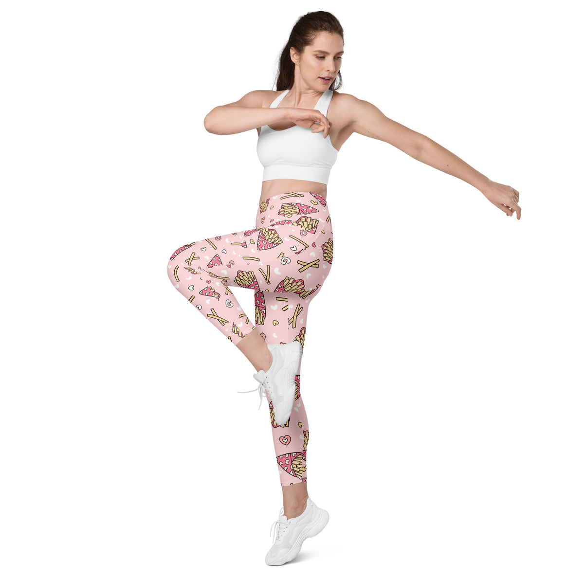 Women’s Pink French Fries Yoga Leggings With Pockets – High-Waisted, Soft Compression Active Pants