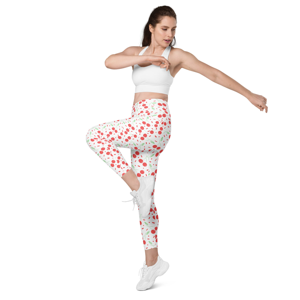 Women’s Cherry Sprinkle Yoga Leggings With Pockets – High-Waisted, Soft Compression Active Pants