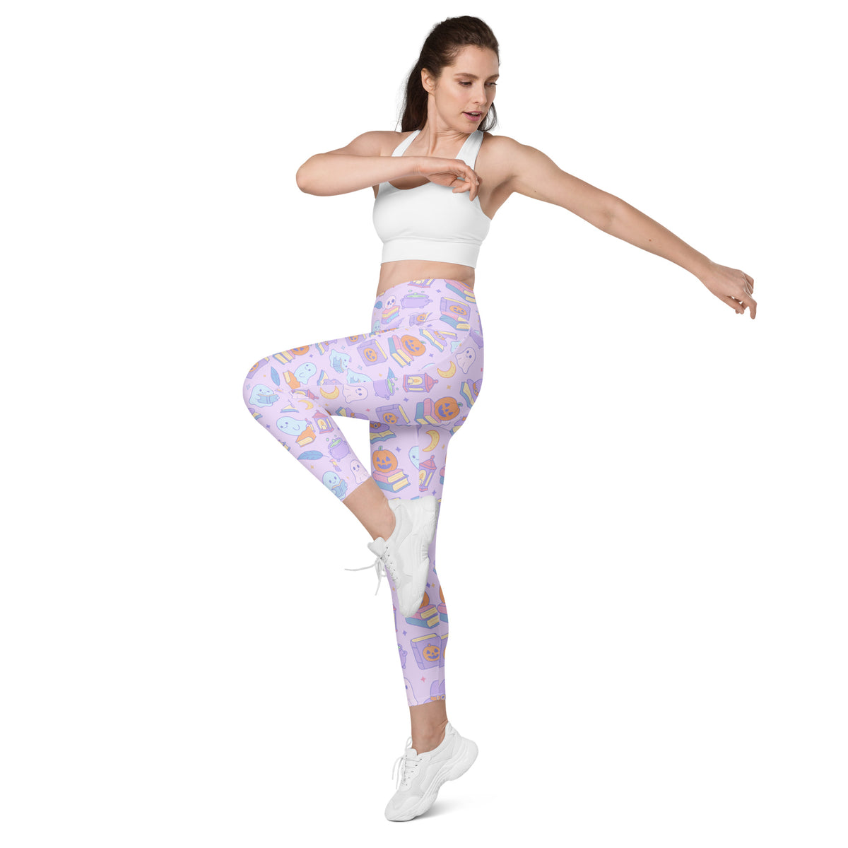 Women’s Purple Halloween Ghost Yoga Leggings With Pockets – High-Waisted, Soft Compression Active Pants