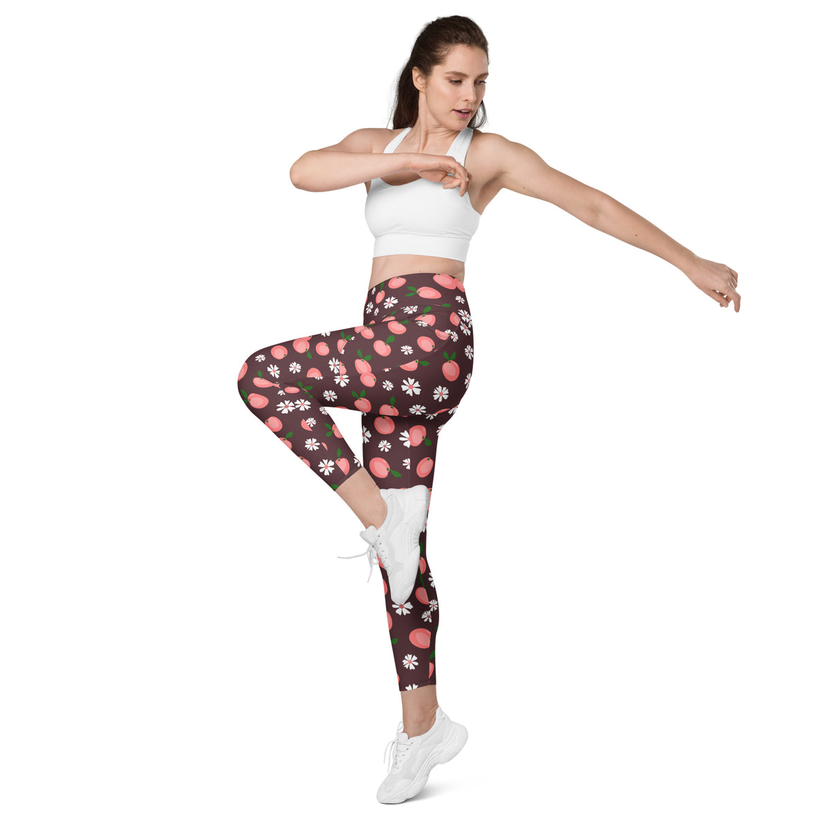 Women’s Peach & Daisy Yoga Leggings With Pockets – High-Waisted, Soft Compression Active Pants