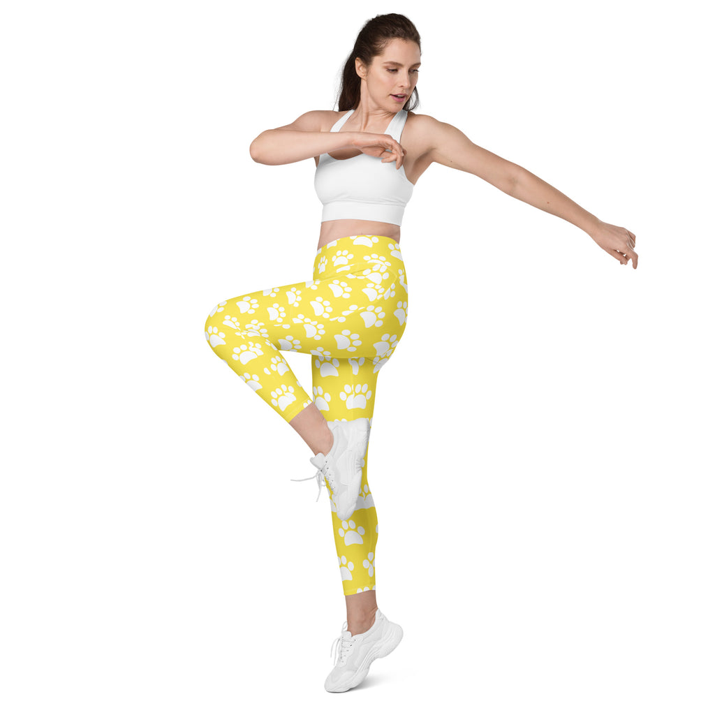 Women’s Yellow Paw Print Yoga Leggings With Pockets – High-Waisted, Soft Compression Active Pants