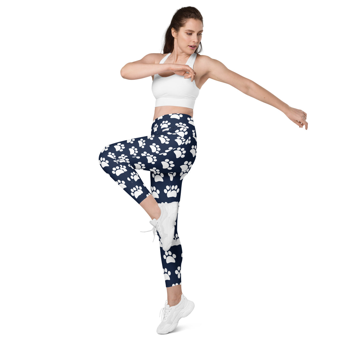 Women’s Navy Blue Paw Print Yoga Leggings With Pockets – High-Waisted, Soft Compression Active Pants