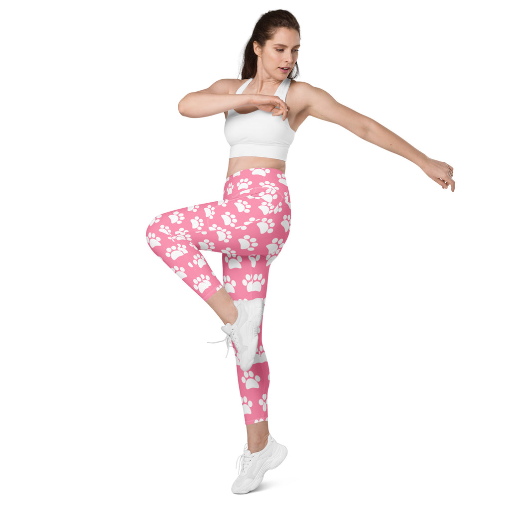 Women’s Pink Paw Print Yoga Leggings With Pockets – High-Waisted, Soft Compression Active Pants