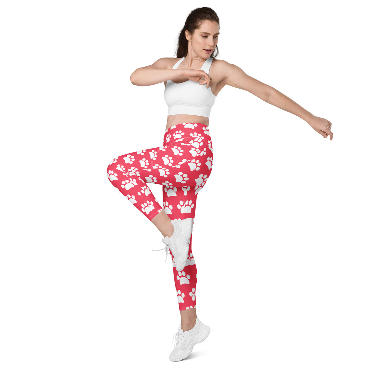 Women’s Bright Pink Paw Print Yoga Leggings With Pockets – High-Waisted, Soft Compression Active Pants