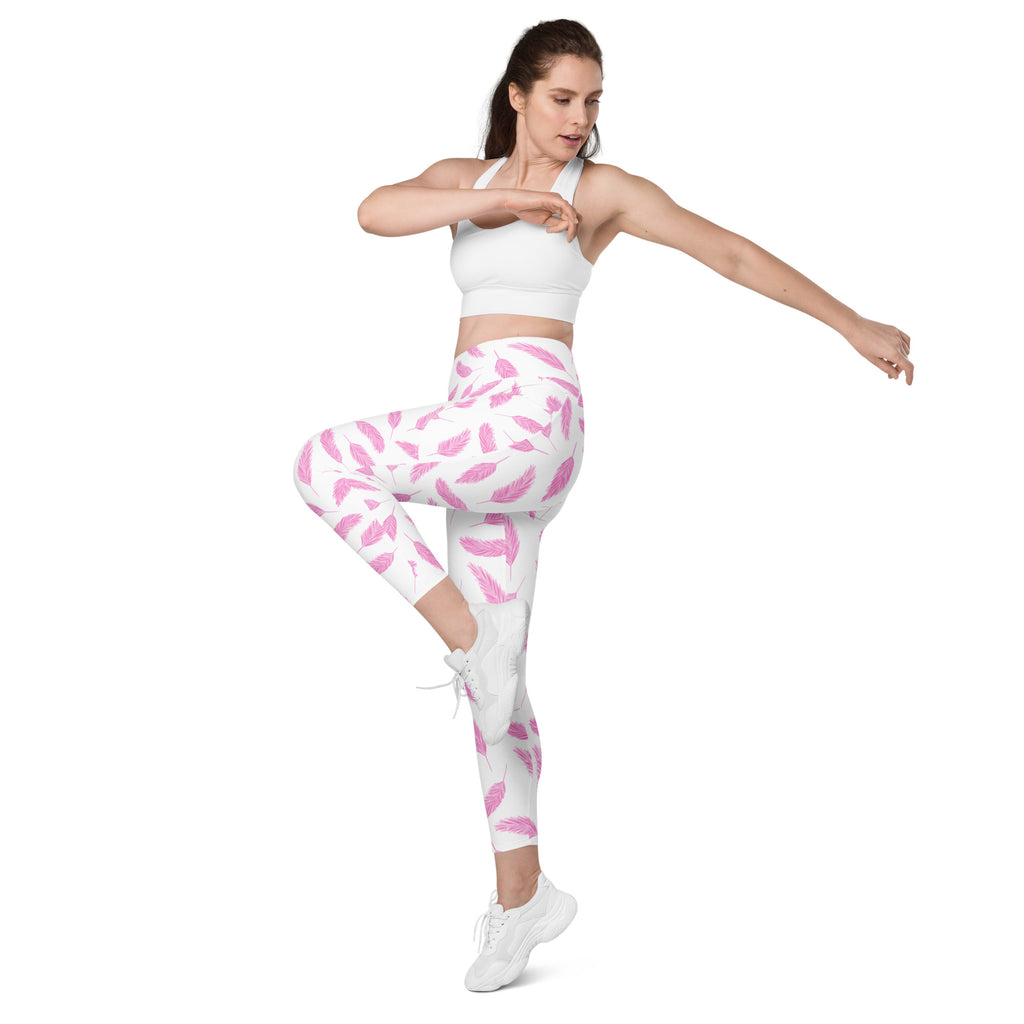 Women’s Pink Flamingo Feather Yoga Leggings With Pockets – High-Waisted, Soft Compression Active Pants
