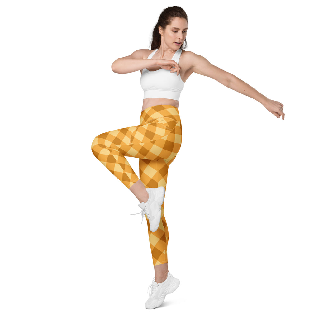 Women’s Mustard Yellow Plaid Yoga Leggings With Pockets – High-Waisted, Soft Compression Active Pants