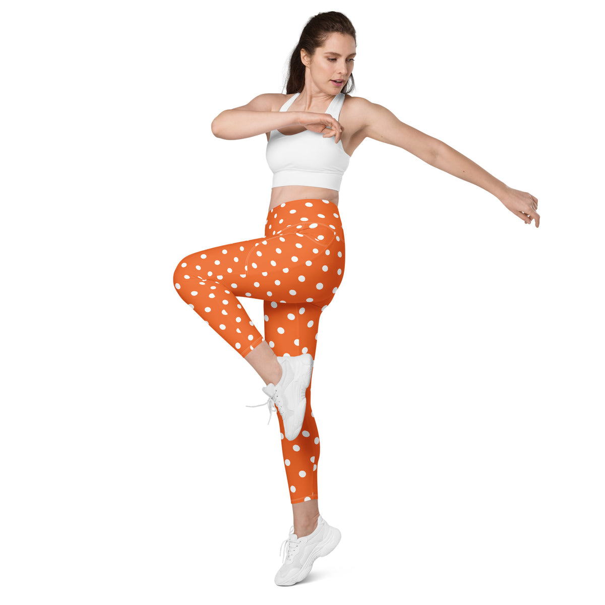Women’s Orange Polka Dot Yoga Leggings With Pockets – High-Waisted, Soft Compression Active Pants