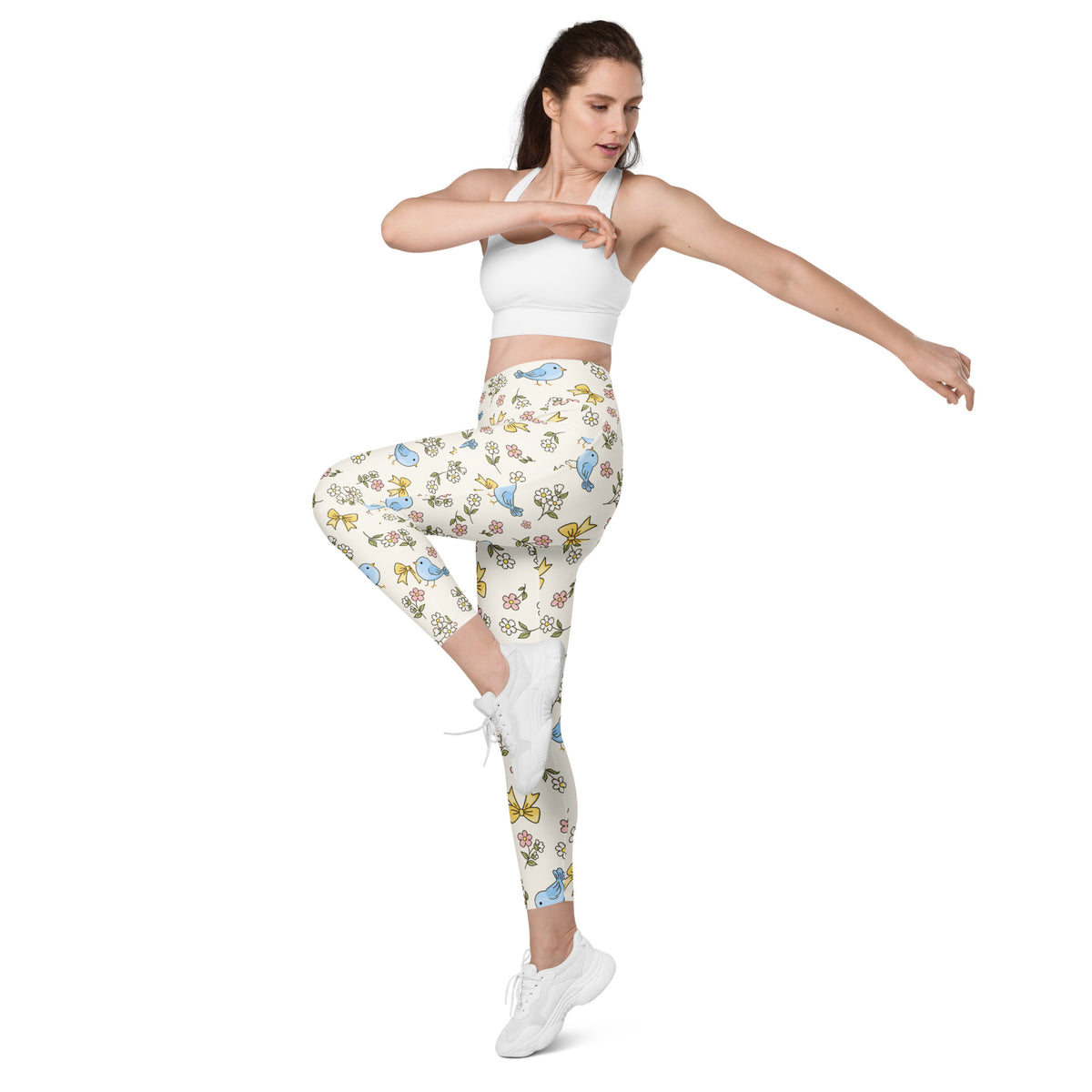 Women’s Floral Blue Bird Yoga Leggings With Pockets – High-Waisted, Soft Compression Active Pants