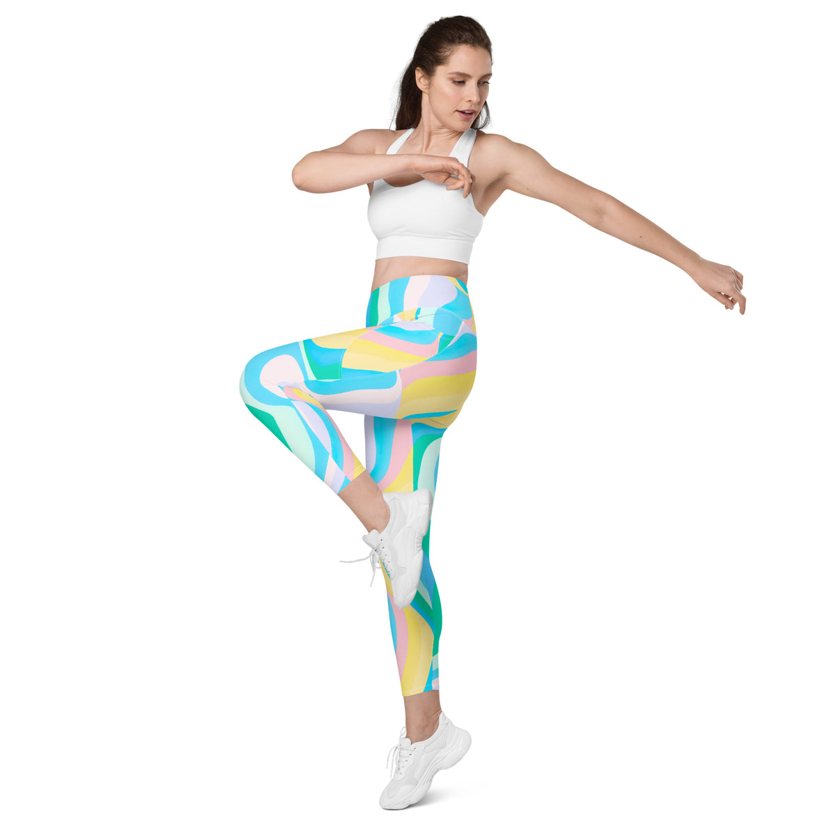 Women’s Pastel Rainbow Wave Yoga Leggings With Pockets – High-Waisted, Soft Compression Active Pants