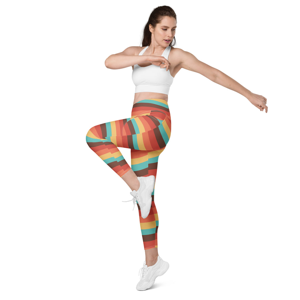 Women’s Retro Rainbow Stripe Yoga Leggings With Pockets – High-Waisted, Soft Compression Active Pants