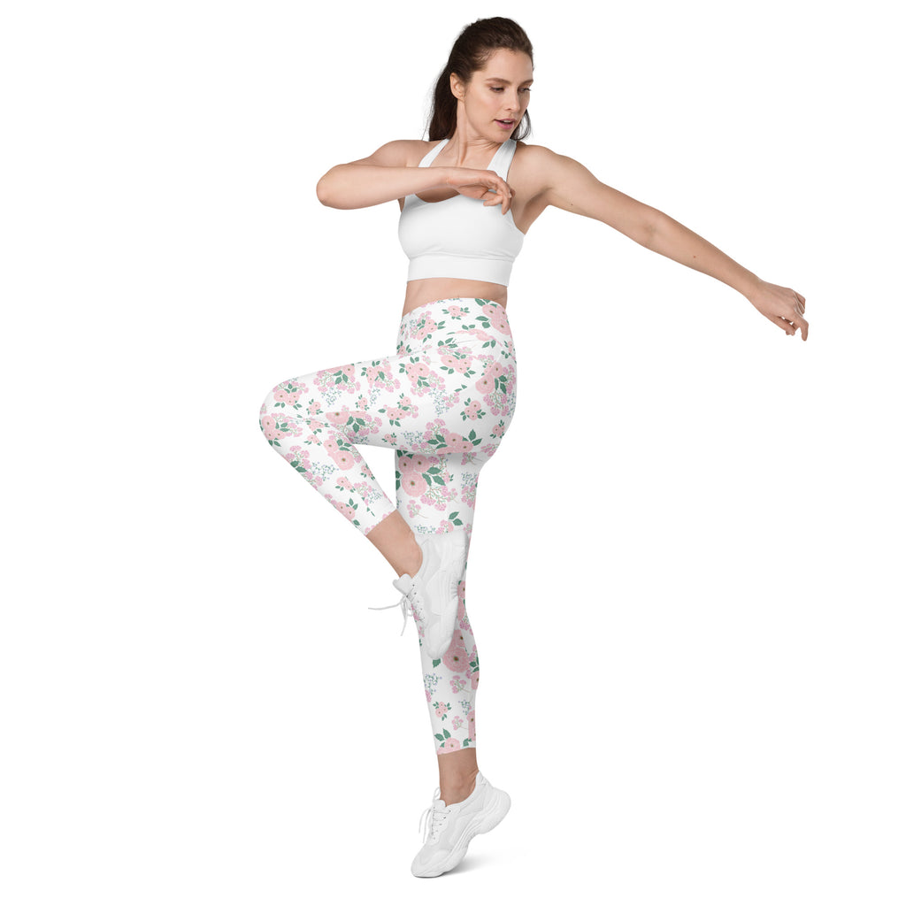 Women’s Pink Flower Yoga Leggings With Pockets – High-Waisted, Soft Compression Active Pants