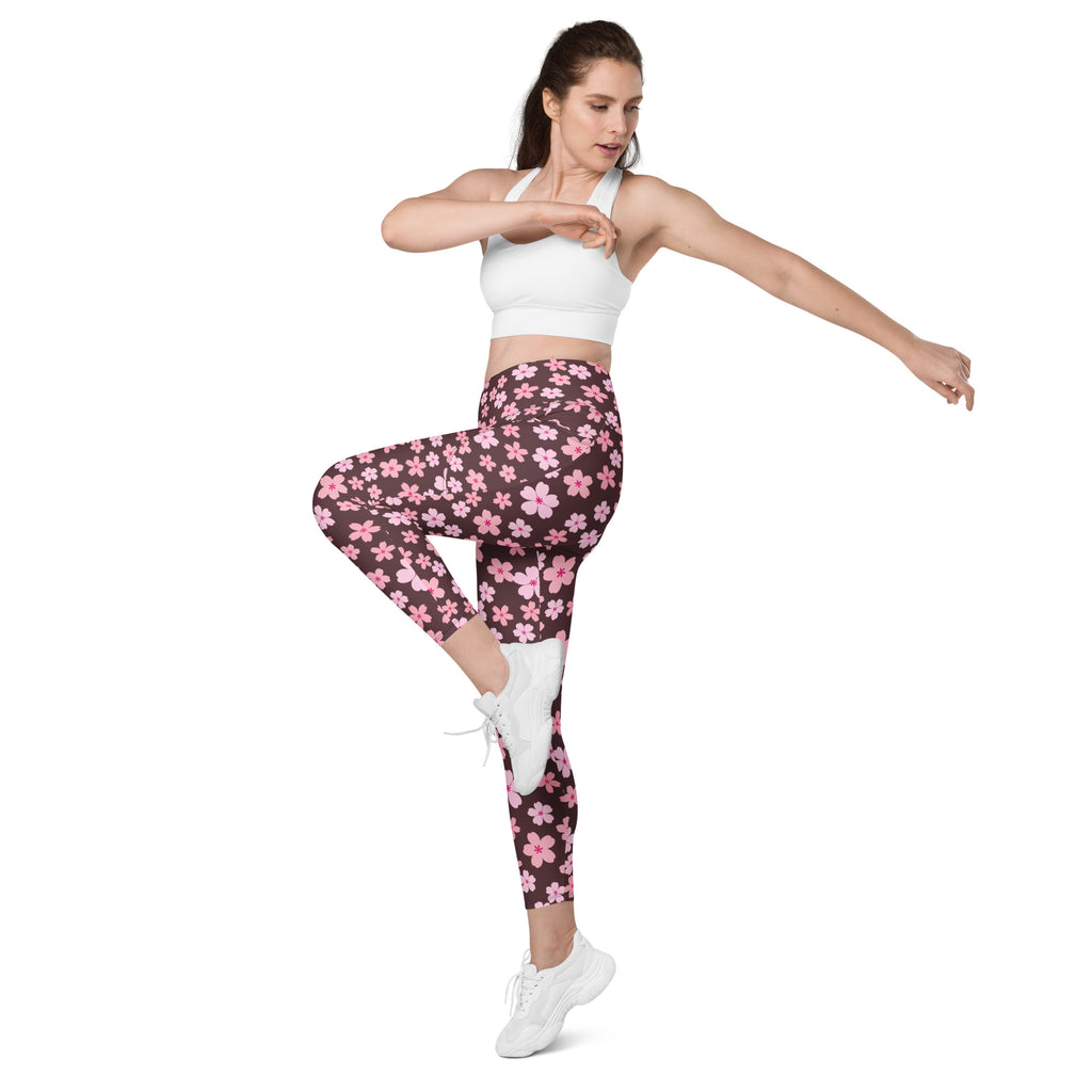 Women’s Pink Cherry Blossom Yoga Leggings With Pockets – High-Waisted, Soft Compression Active Pants