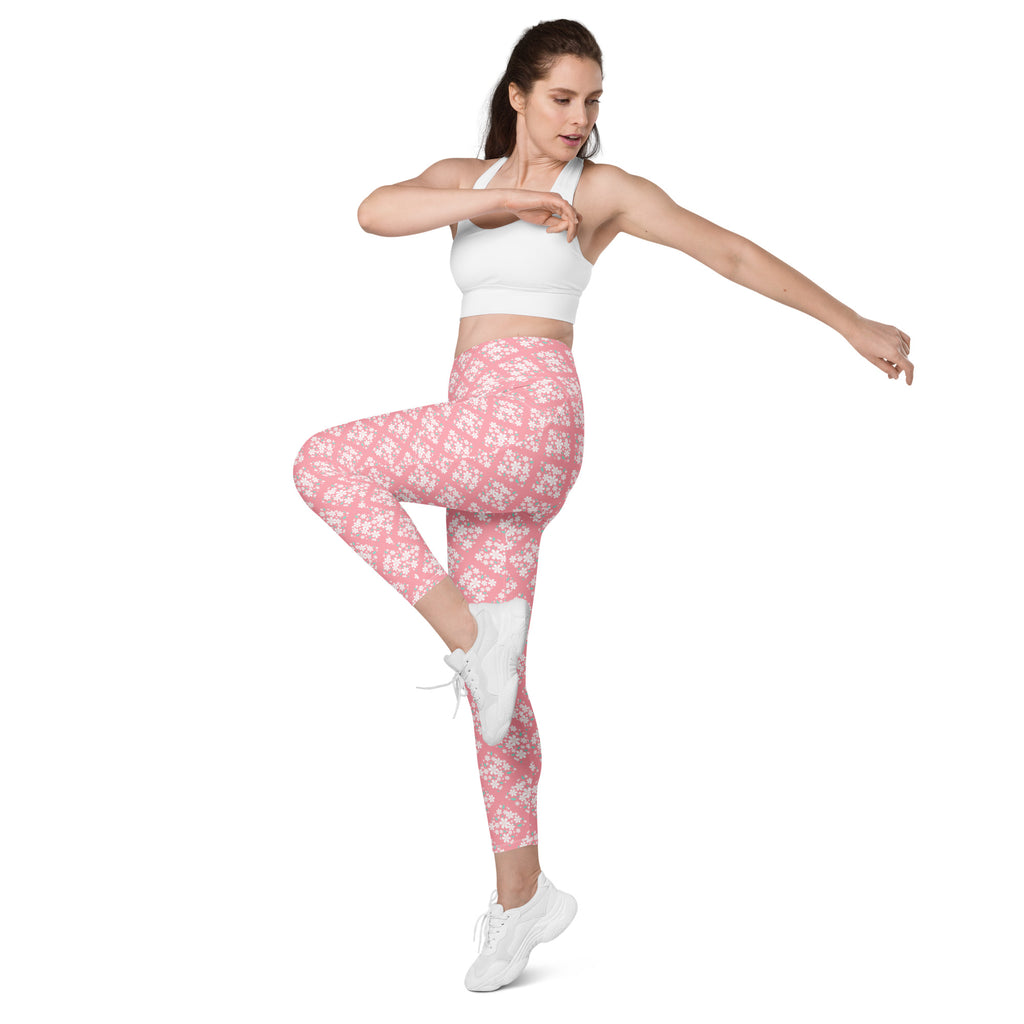 Women’s Pink Flower Yoga Leggings With Pockets – High-Waisted, Soft Compression Active Pants