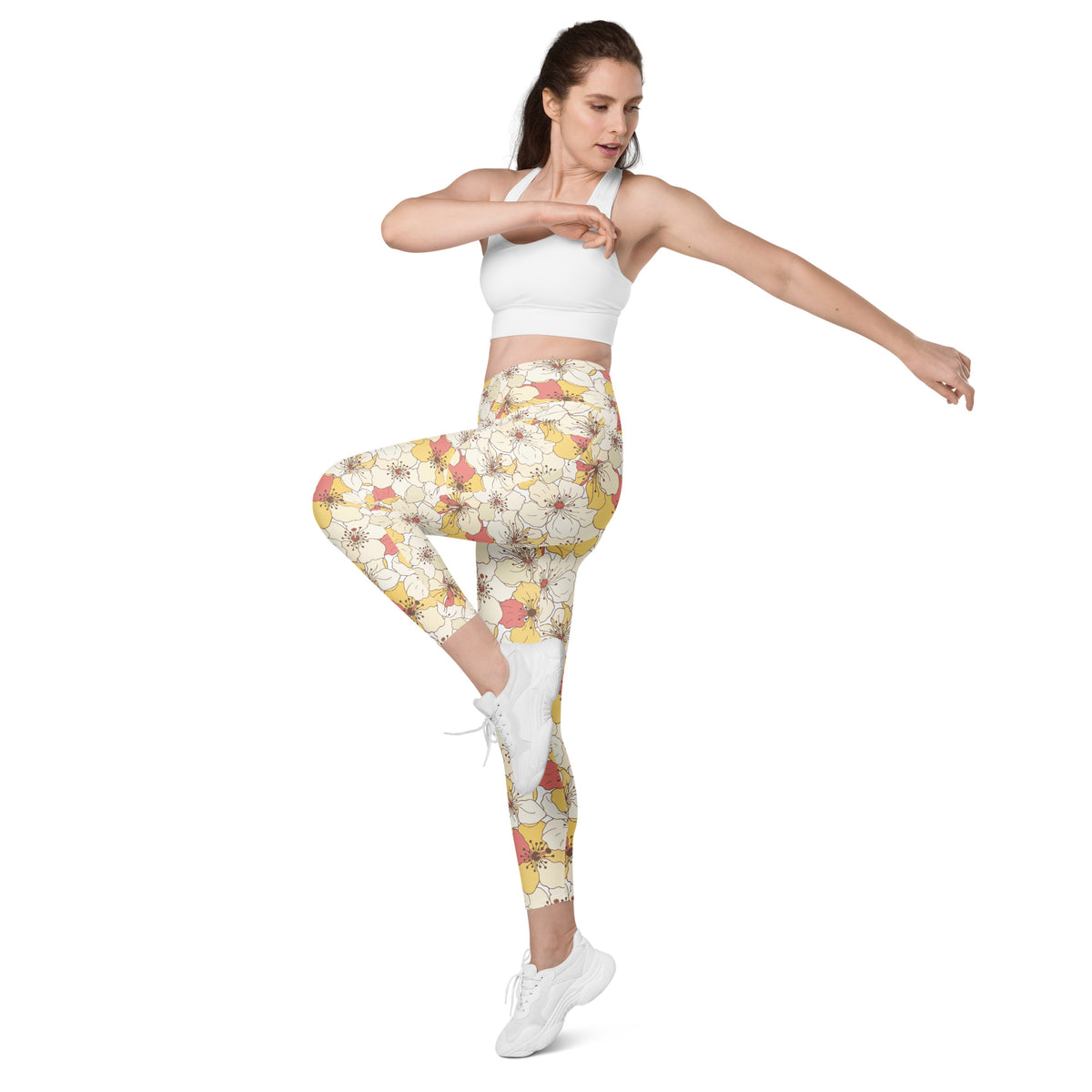 Women’s Yellow Floral Yoga Leggings With Pockets – High-Waisted, Soft Compression Active Pants