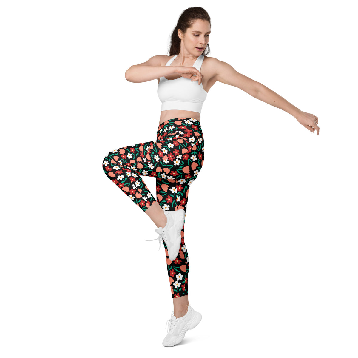 Women’s Black Floral Yoga Leggings With Pockets – High-Waisted, Soft Compression Active Pants