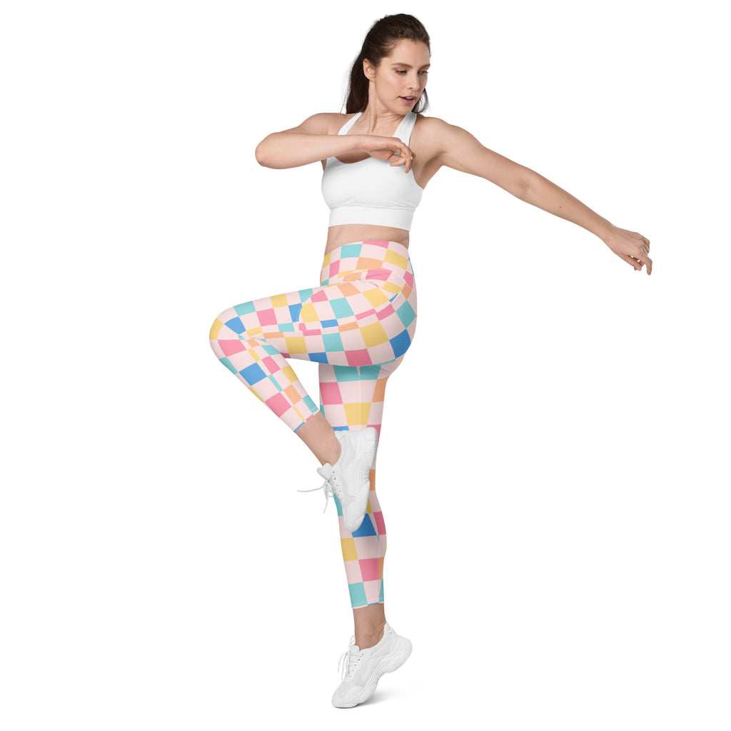Women’s Colorful Pastel Checkered Yoga Leggings With Pockets – High-Waisted, Soft Compression Active Pants