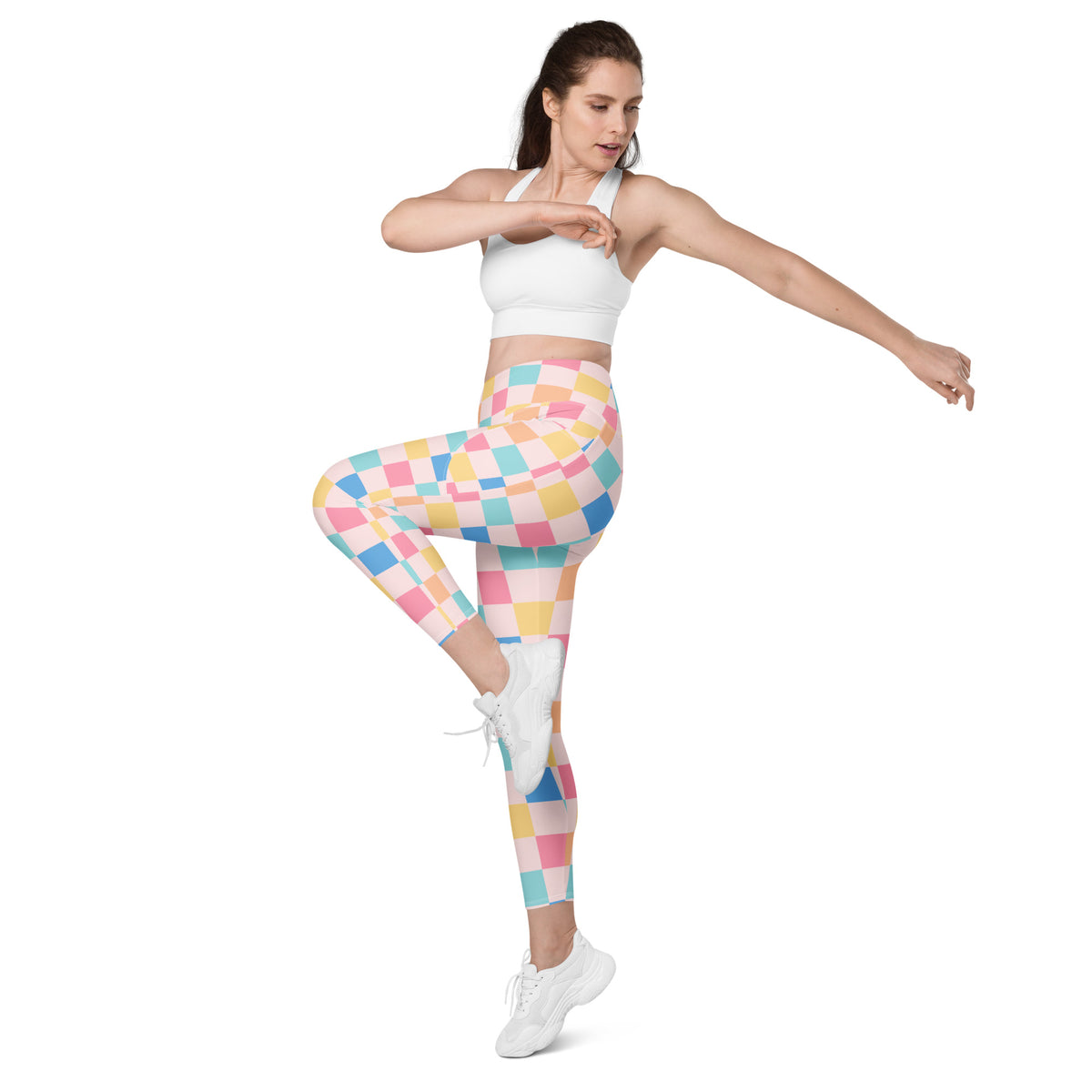 Women’s Colorful Pastel Checkered Yoga Leggings With Pockets – High-Waisted, Soft Compression Active Pants
