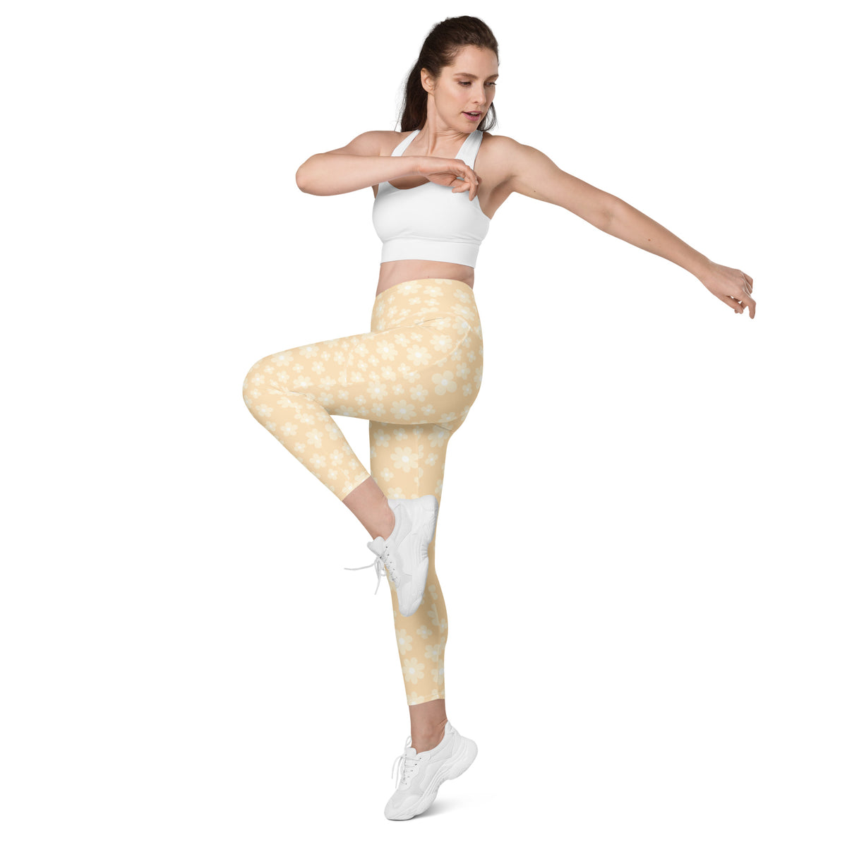Women’s Light Yellow Daisy Yoga Leggings With Pockets – High-Waisted, Soft Compression Active Pants
