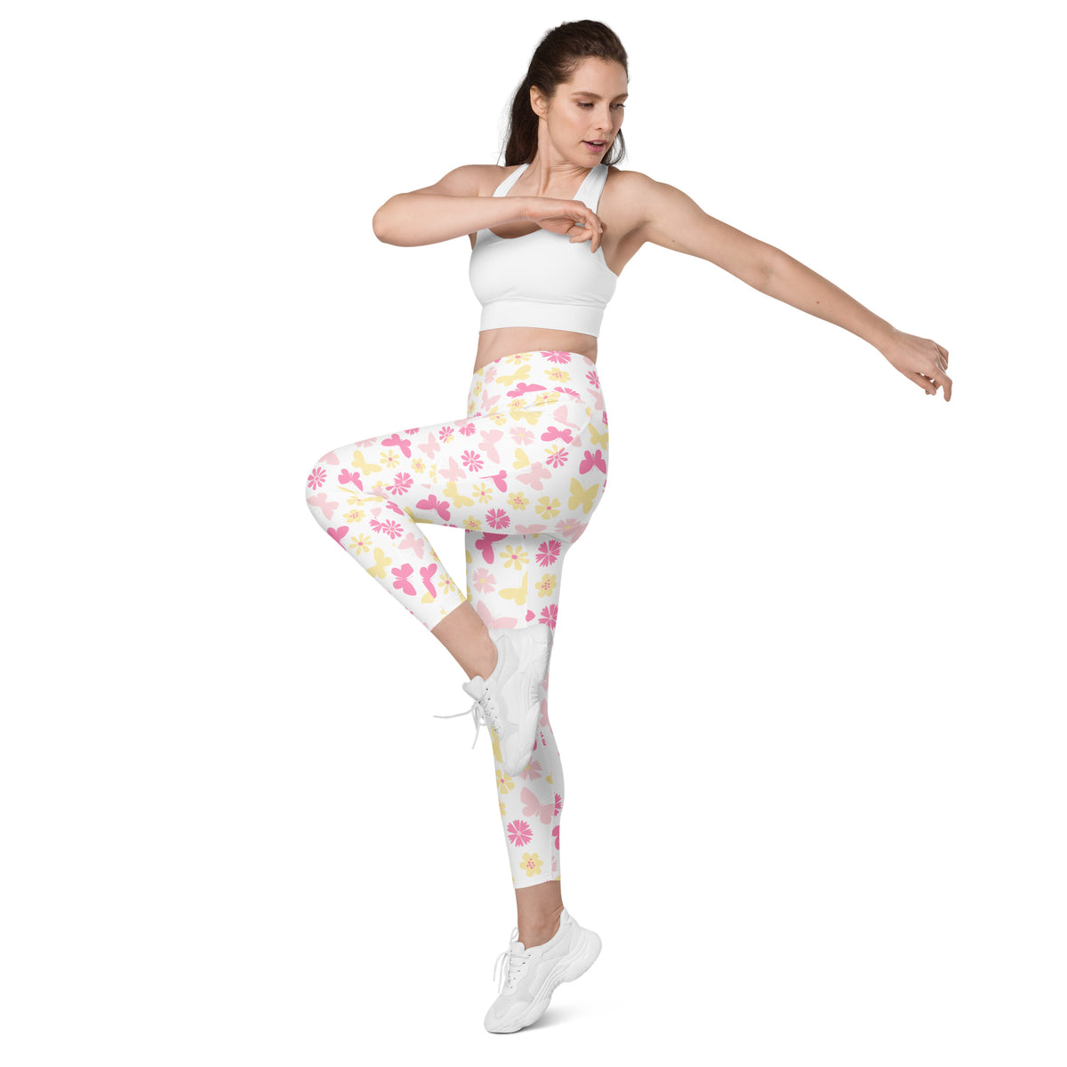 Women’s Pink Butterfly & Flower Yoga Leggings With Pockets – High-Waisted, Soft Compression Active Pants