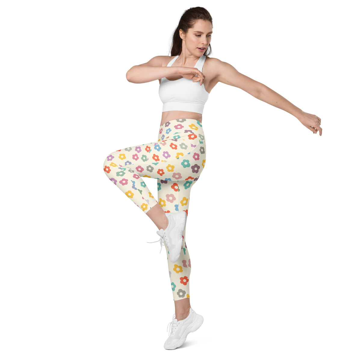 Women’s Colorful Retro Floral Yoga Leggings With Pockets – High-Waisted, Soft Compression Active Pants