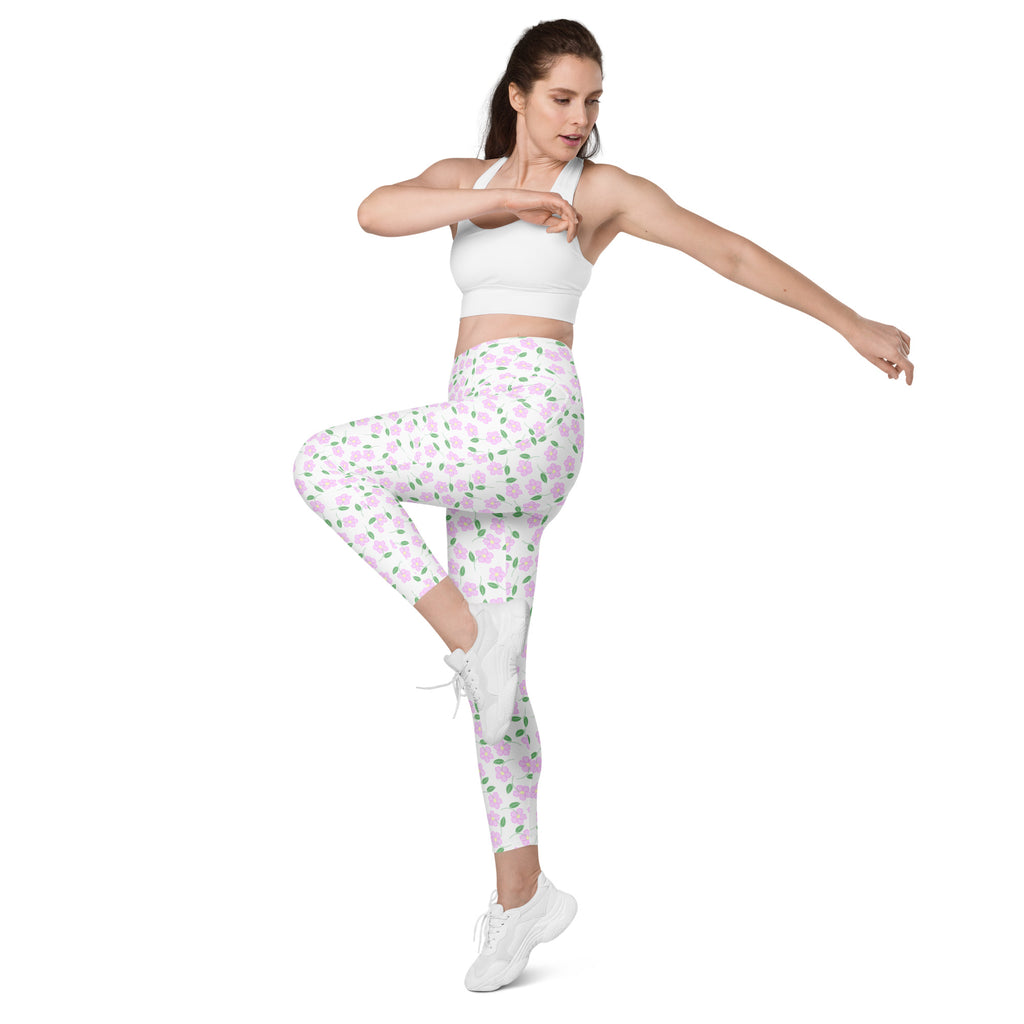 Women’s Pink Botanical Yoga Leggings With Pockets – High-Waisted, Soft Compression Active Pants