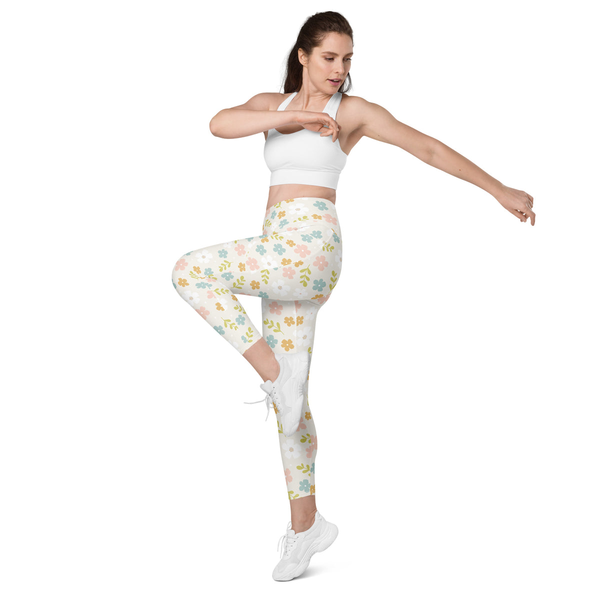Women’s Pastel Floral Yoga Leggings With Pockets – High-Waisted, Soft Compression Active Pants