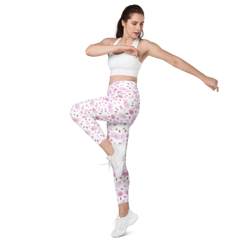 Women’s Pink Watercolor Floral Yoga Leggings With Pockets – High-Waisted, Soft Compression Active Pants
