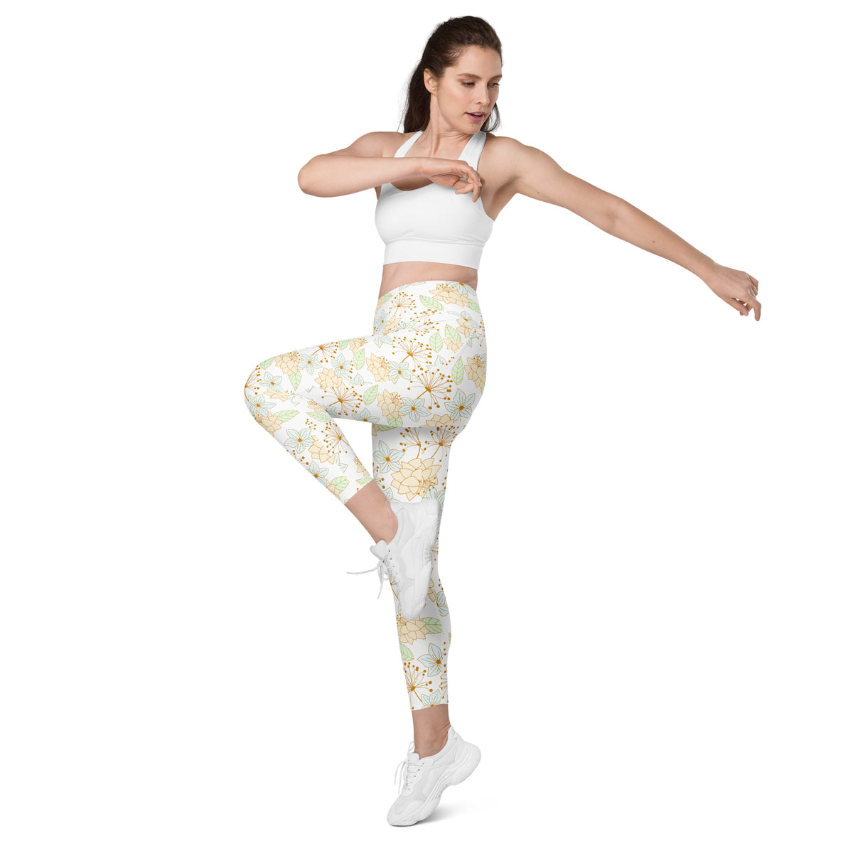 Women’s Pastel Beige Floral Yoga Leggings With Pockets – High-Waisted, Soft Compression Active Pants