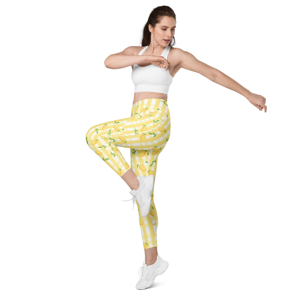 Women’s Yellow Mango Gingham Yoga Leggings With Pockets – High-Waisted, Soft Compression Active Pants