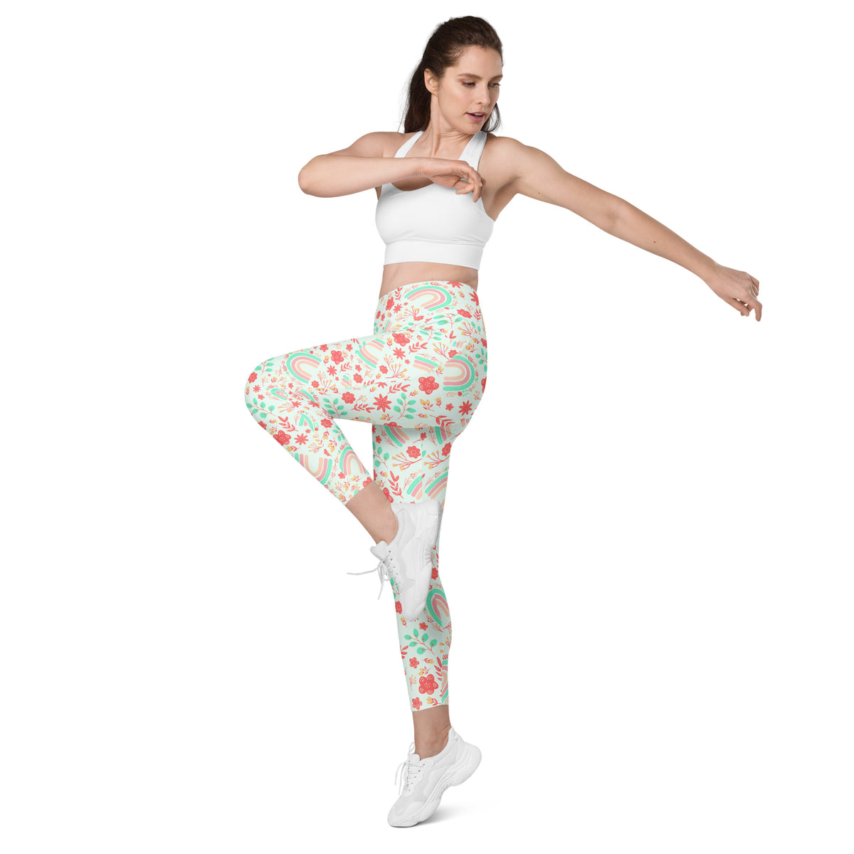 Women’s Boho Rainbow Floral Yoga Leggings With Pockets – High-Waisted, Soft Compression Active Pants