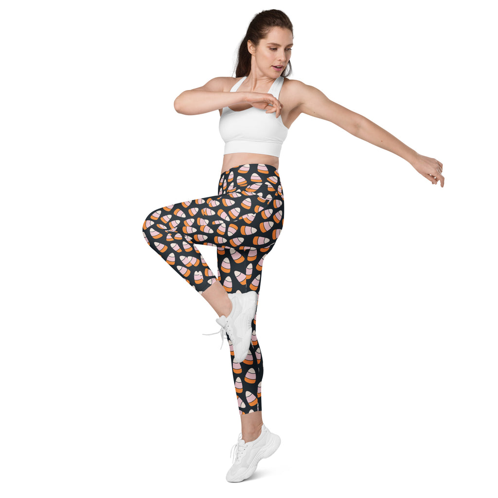 Women’s Pink & Orange Candy Corn Halloween Yoga Leggings With Pockets – High-Waisted, Soft Compression Active Pants
