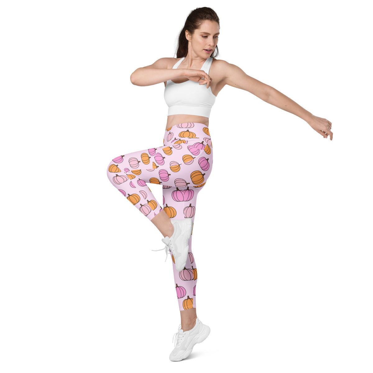 Women’s Pink & Orange Pumpkin Patch Yoga Leggings With Pockets – High-Waisted, Soft Compression Active Pants