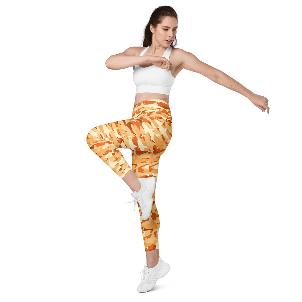 Women’s Orange Shark Camouflage Yoga Leggings With Pockets – High-Waisted, Soft Compression Active Pants