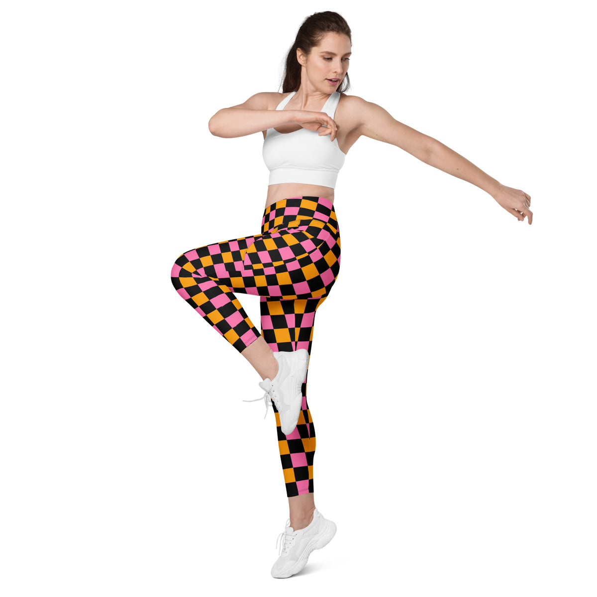 Women’s Pink Orange & Black Checkered Halloween Yoga Leggings With Pockets – High-Waisted, Soft Compression Active Pants