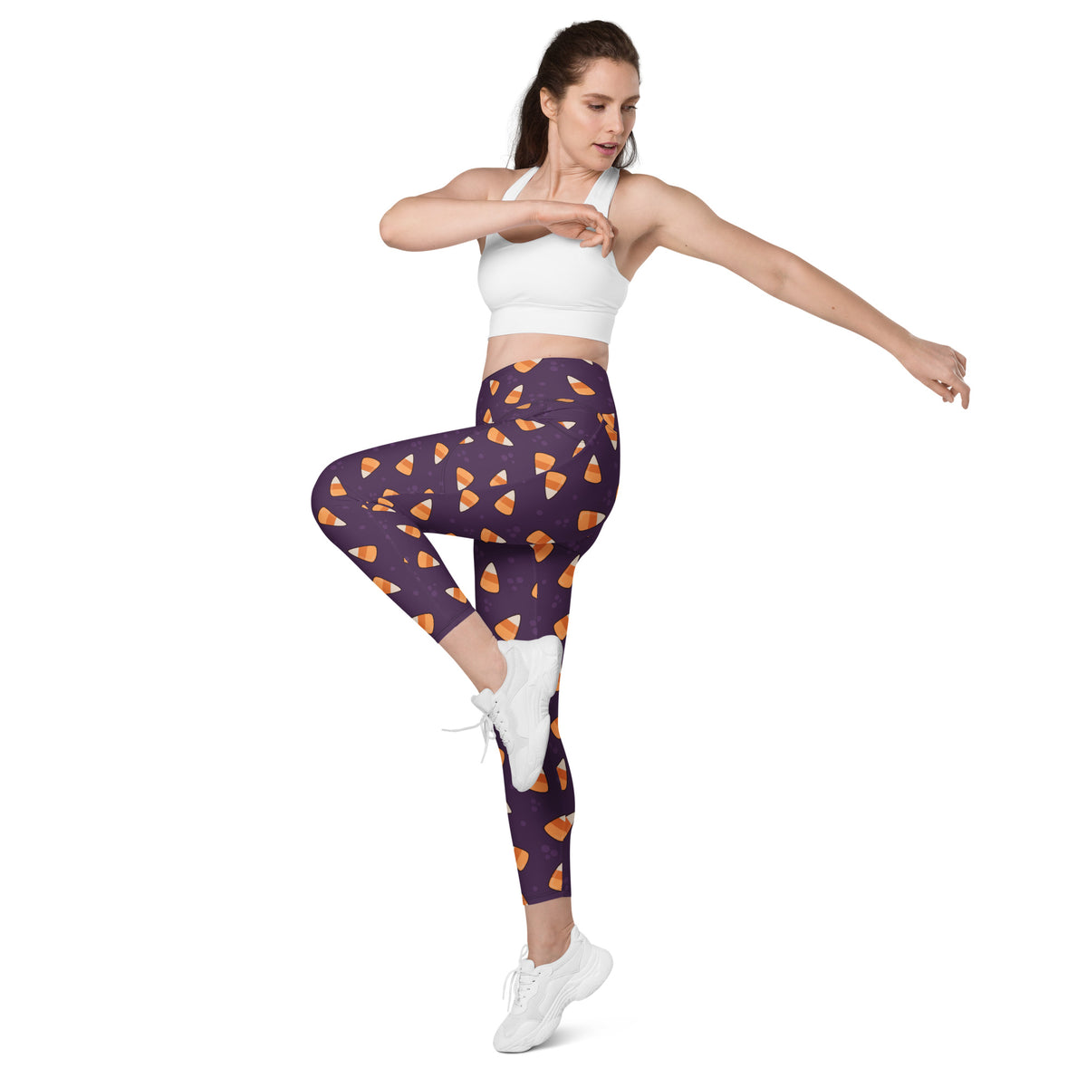 Women’s Purple Candy Corn Halloween Yoga Leggings With Pockets – High-Waisted, Soft Compression Active Pants