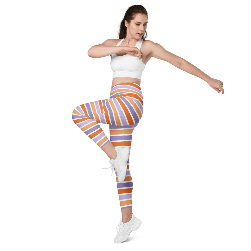 Women’s Orange Purple Striped Candy Cane Halloween Yoga Leggings With Pockets – High-Waisted, Soft Compression Active Pants