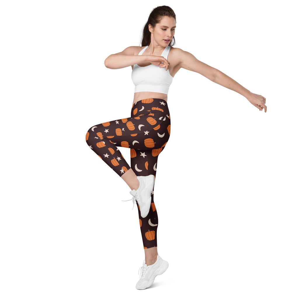 Women’s Orange Pumpkin Moon Halloween Yoga Leggings With Pockets – High-Waisted, Soft Compression Active Pants