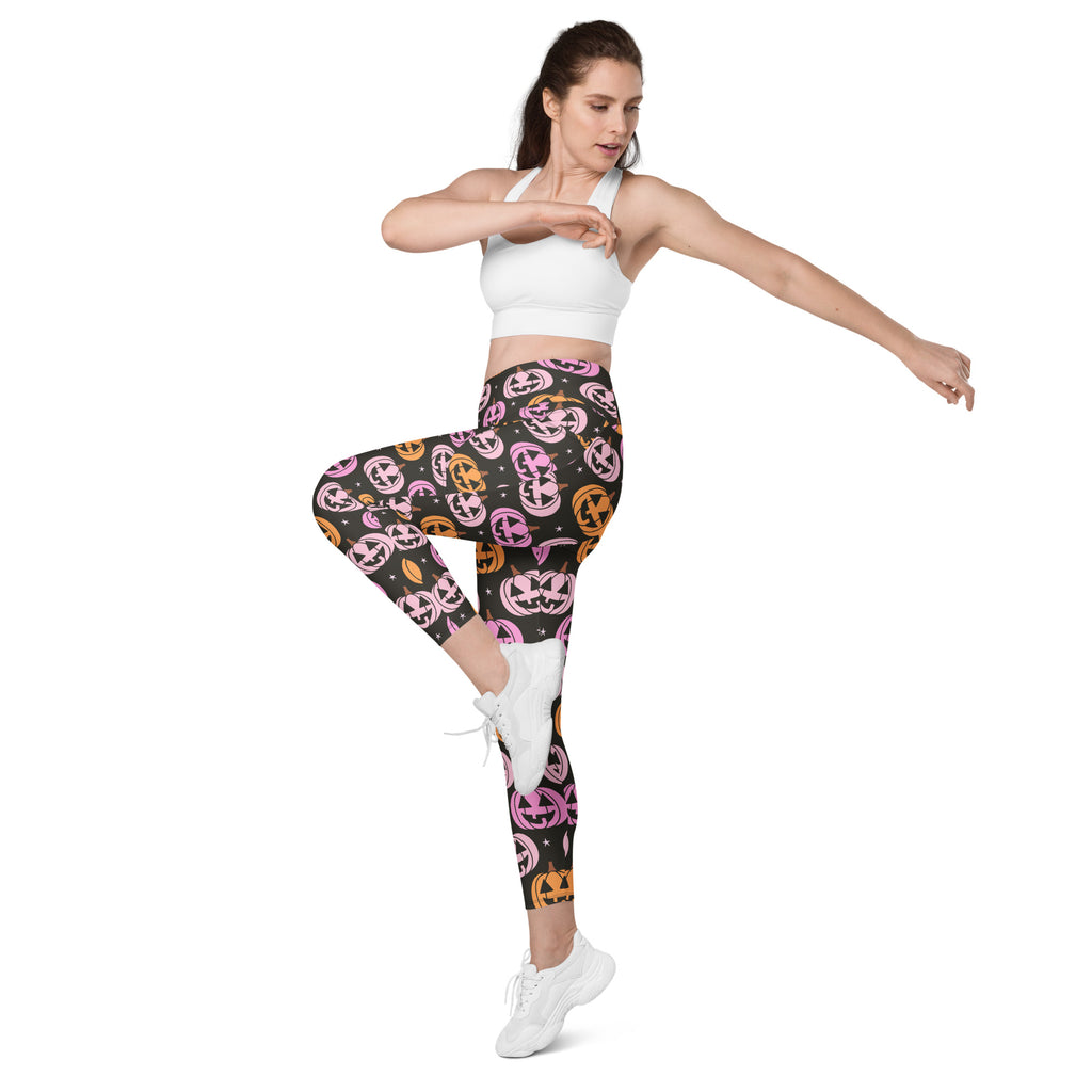 Women’s Pink Pumpkin Halloween Yoga Leggings With Pockets – High-Waisted, Soft Compression Active Pants